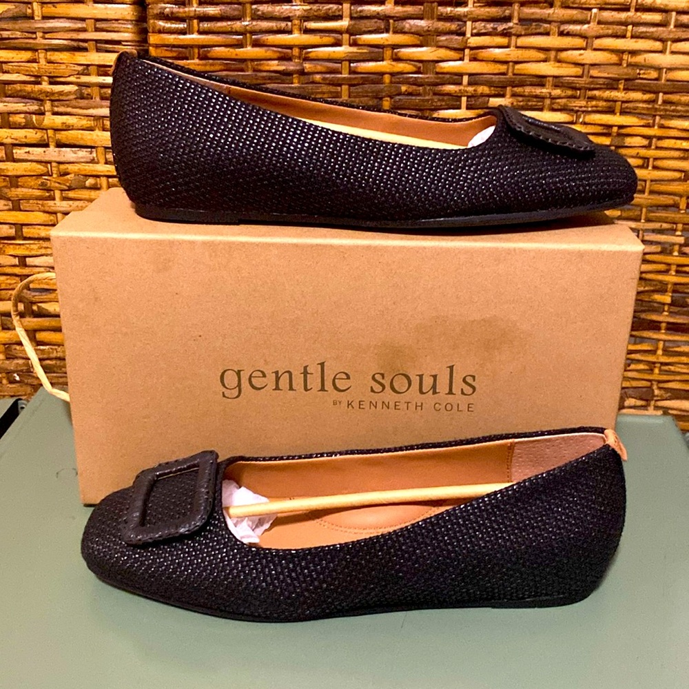 NWB Gentle Souls by Kenneth Cole black weave Sailor buckle flats 9.5 M